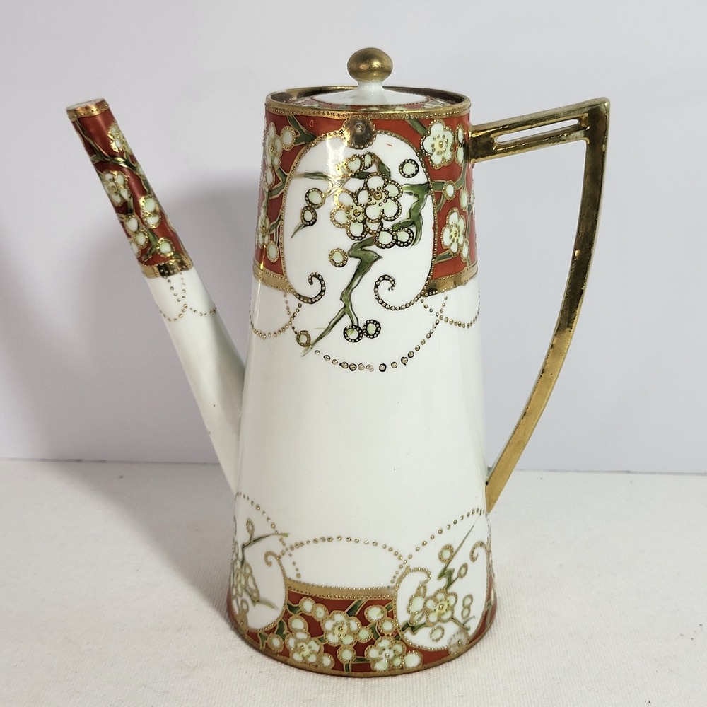 Vintage Hand Painted Japanese Moriage Porcelain Chocolate Pot Cherry Blossom